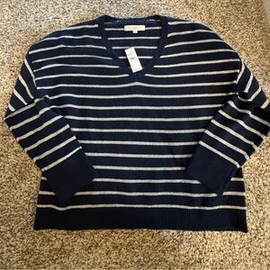 LOFT V-Neck Sweater with Navy and Gray Stripes